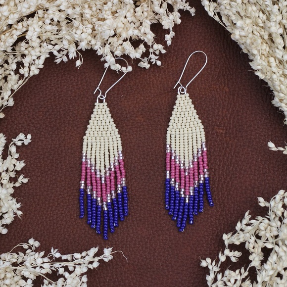 Pink & Blue Chevron Fringe Earrings - Picture 1 of 4